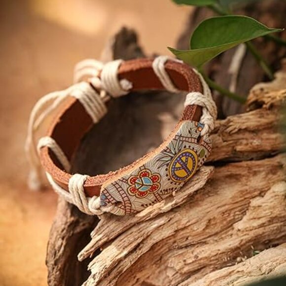 Boho Retro Style Rope Braided Cowhide Bracelet Love Peace Sign Pendant Floral - Picture 3 of 4